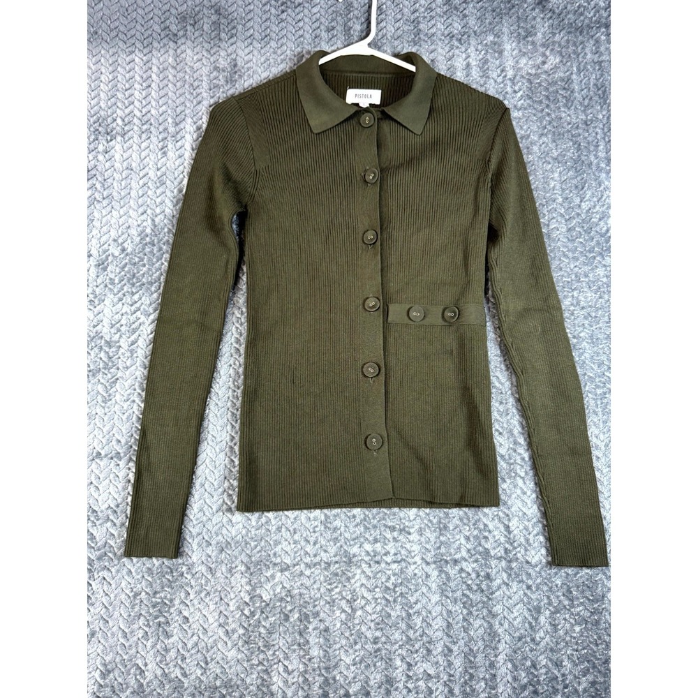 Pistola Kealy Cardigan Sweater Womens Small Dark Olive Stretch Ribbed Knit